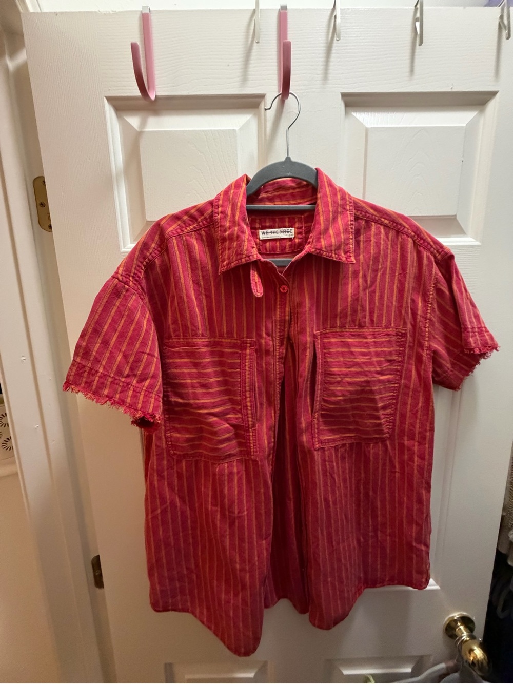 Free People Pink and Gold Striped Short-Sleeve Button Down Shirt